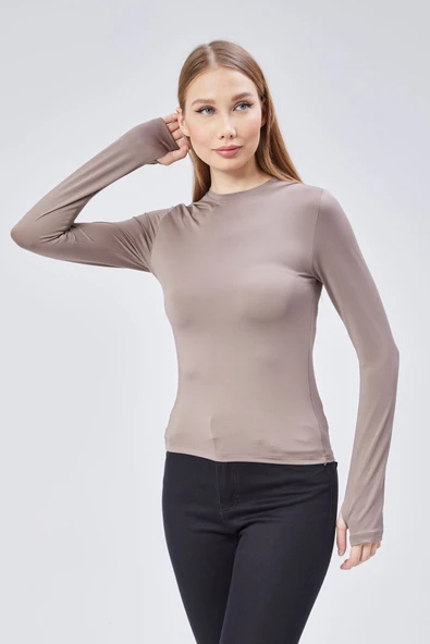 Basic Bisiklet Yaka Uzun Kollu Slim Fit Kadın Body T-shirt - 12