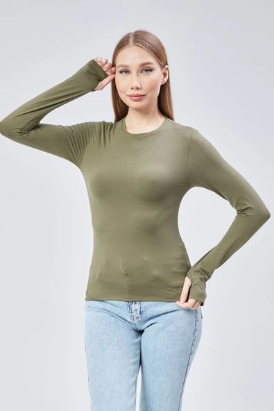 Basic Bisiklet Yaka Uzun Kollu Slim Fit Kadın Body T-shirt - 7