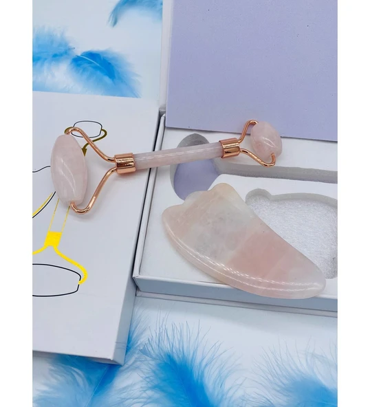 Doğal Taş Pembe Kuvars Kaz Ayaklı Roler Gua Sha Masaj Seti - 2