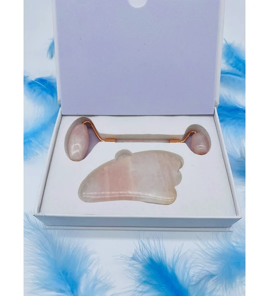 Doğal Taş Pembe Kuvars Kaz Ayaklı Roler Gua Sha Masaj Seti - 4