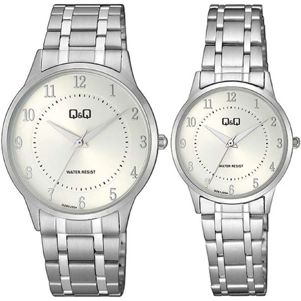 Q&Q QC204J004Y Gümüş Çelik Kordonlu Rakamlı Sevgili Çift Kol Saatleri