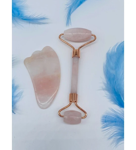Doğal Taş Pembe Kuvars Kaz Ayaklı Roler Gua Sha Masaj Seti