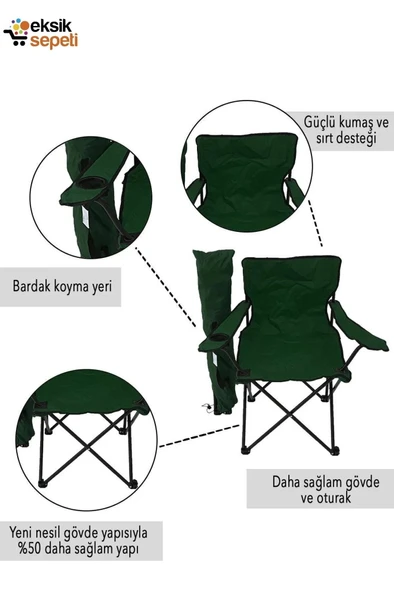 EksikSepeti 2 Adet Katlanır Kamp Sandalyesi Taşıma Çantalı Bardaklıklı Yeşil - 2