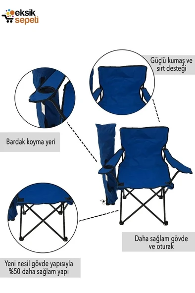 EksikSepeti 2 Adet Katlanır Kamp Sandalyesi Taşıma Çantalı Bardaklıklı Mavi - 2