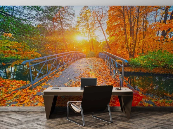 Sonbahar Doğa ve Nehir Manzaralı Duvar Kağıdı - Resim 4