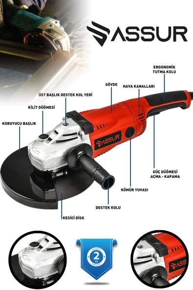Assur 2200W Metal Şanzıman 230mm Büyük Sipiral Taşlama - 2