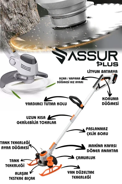 Assur Pro Kızaklı Dijital Ekran Ot Çalı Çim Biçme Şarjlı Tırpan 9000r/min - 2