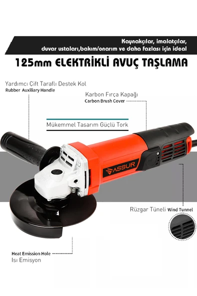 Assur 550W Avuç Taşlama Makinesi 125mm Bakır Sargılı Spiral - 2