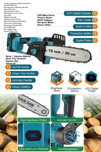 Assur 21V Çift Akülü Testere Ağaç Odun Dal Kesme Motoru - Resim 2