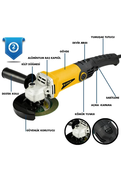Assur 1200W Avuç Taşlama Makinesi 125mm 6 Kademeli Uzun Kuyruk - 2