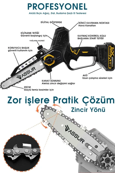 Assur Otomatik Yağlamalı Şarjlı El Testeresi Ağaç Odun Dal Kesme Budama Çift Batarya Dijital Gösterge - 2