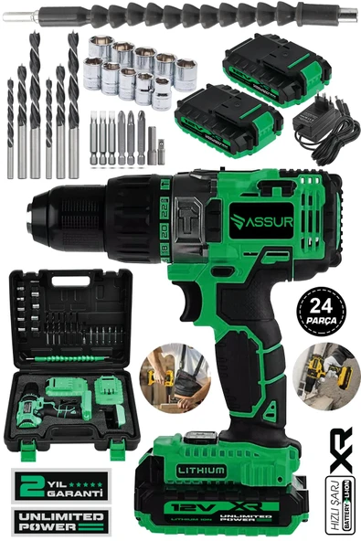 Assur 12V Metal Şanzıman Çift Akülü Bakır Sargı Şarjlı Matkap Akülü Vidalama