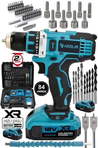 Assur 12V Çift Akülü Vidalama Metal Şanzıman Şarjlı Matkap