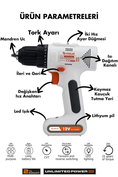 Assur 12V Type-C USB Şarjlı Akülü Vidalama Dahili Batarya Matkap - 2