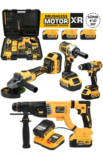 Assur Profesyonel 21V Akülü Vidalama Somun Sıkma Sökme Taşlama Kırıcı Delici Hilti 4'lü Set
