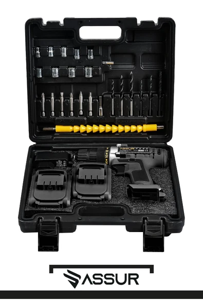 Assur 12V Çelik Şanzıman Bakır Sargılı Çift Akülü Şarjlı Matkap Vidalama - Resim 3