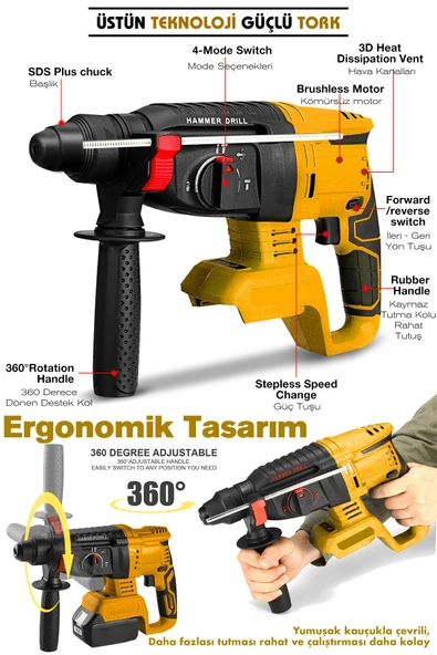 Assur 21V Kömürsüz Motor Darbeli Çift Akülü Şarjlı Kırıcı Delici Hilti 2-26mm - 2