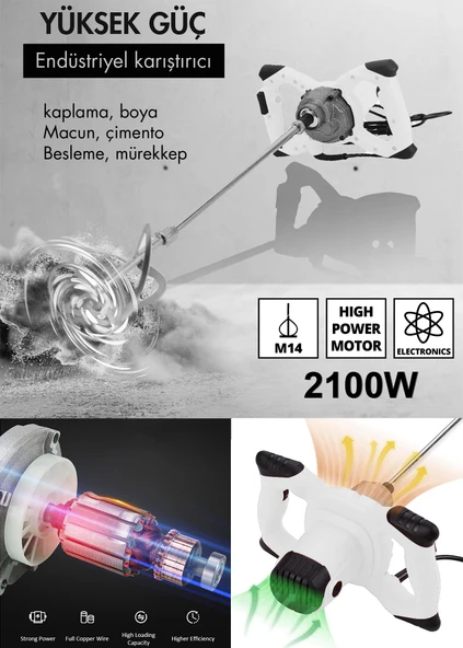 Assur Profesyonel 1800W Devir Ayarlı Elektrikli Alçı Boya Ve Harç Karıştırıcı Mikser - 5