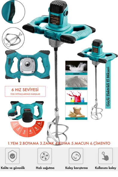 Assur Profesyonel 1800W Devir Ayarlı Elektrikli Alçı Boya Ve Harç Karıştırıcı Mikser - Resim 3