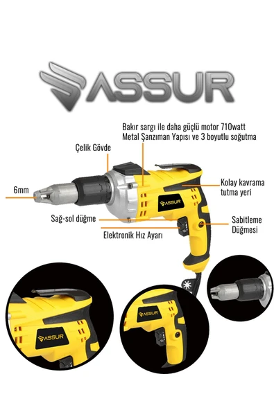 Assur 710W 90N.m Alçıpan Vida Tabancası - Resim 3