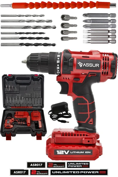 Assur 12V Metal Şanzıman Çift Akülü Bakır Sargı Akülü Vidalama Şarjlı Matkap - 1