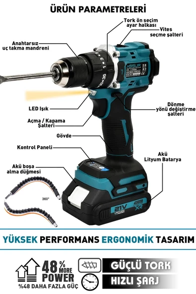 Assur 21V Çelik Mandren Kömürsüz Motor Darbeli Şarjlı Matkap Vidalama - 2