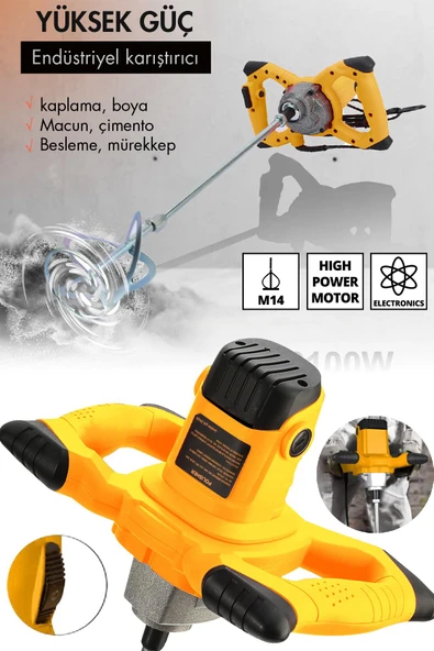 Assur Profesyonel 1800W Devir Ayarlı Elektrikli Alçı Boya Ve Harç Karıştırıcı Mikser - Resim 3