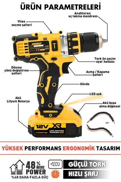 Assur 12V Çift Akü Şarjlı Matkap Metal Şanzıman Akülü Vidalama - 2