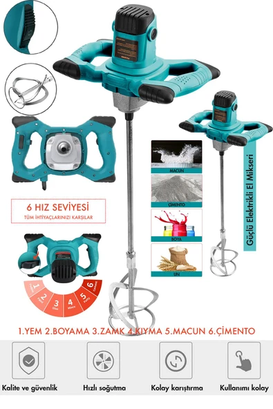 Assur Profesyonel 1800W Devir Ayarlı Elektrikli Alçı Boya Ve Harç Karıştırıcı Mikser - 3