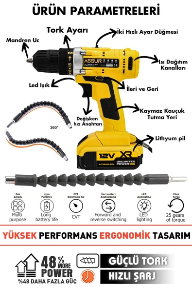 Assur 12V Şarjlı Matkap Çelik Şanzıman Bakır Sargılı Akülü Vidalama - 2