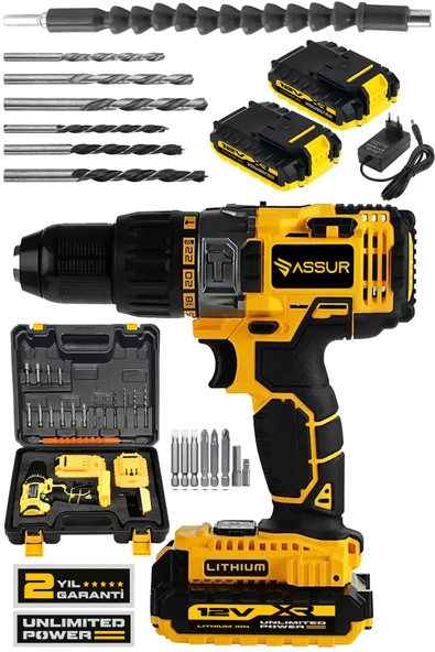 Assur 12V Metal Şanzıman Çift Akülü Bakır Sargı 17 Parça Şarjlı Matkap Akülü Vidalama