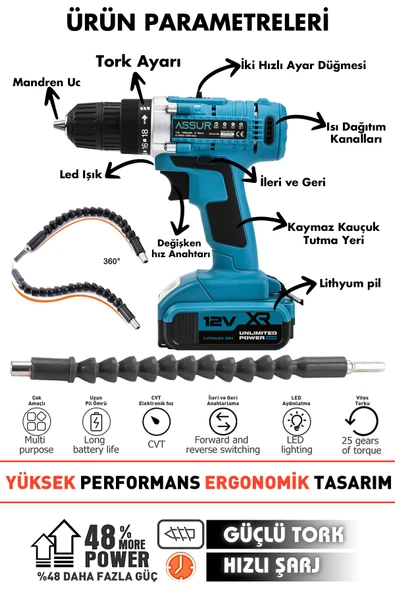 Assur 12V Çift Akülü Çelik Şanzıman Bakır Sargılı Şarjlı Matkap - 2