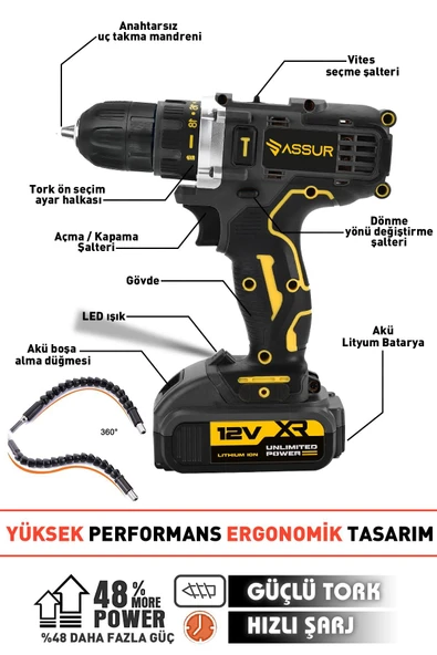 Assur 12V Çift Akü Metal Şanzıman Şarjlı Matkap Akülü Vidalama - 2