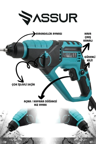 Assur 250W 2 Kademeli Bakır Sargılı Darbeli Kırıcı Delici Hilti - Resim 2