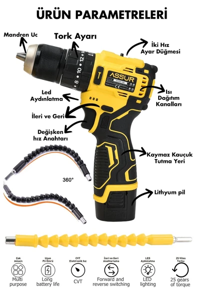 Assur 12V 13mm Çelik Mandrenli Şarjlı Matkap Akülü Vidalama 84 Parça - 2