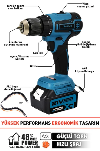 Assur 21V Akülü Vidalama Kömürsüz Motor Şarjlı Matkap - 2