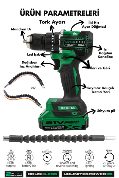 Assur 21V Bakır Sargı Kömürsüz Motor Çelik Mandren Darbeli Şarjlı Matkap Akülü Vidalama - Resim 2