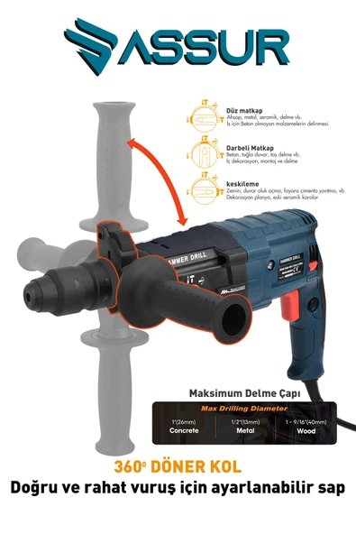 Assur 850W Metal Şanzıman Darbeli Matkap Kırıcı Delici Hilti 2-28mm - 3