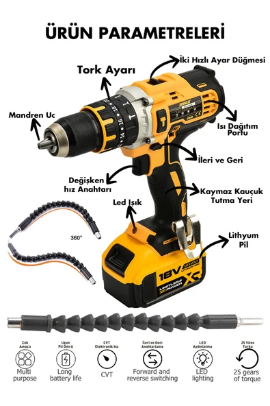Assur Plus 18V Metal Şanzıman Çift Akülü Şarjlı Darbeli Matkap - 2