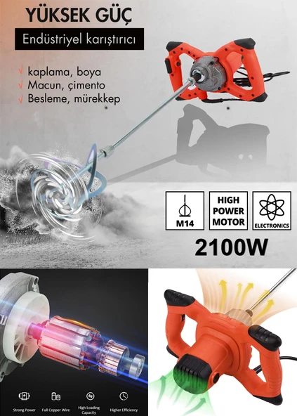 Assur Profesyonel 1800W Devir Ayarlı Elektrikli Alçı Boya Ve Harç Karıştırıcı Mikser - 3