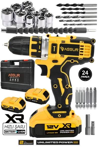 Assur 12V Çift Akülü Vidalama Metal Şanzıman Şarjlı Matkap