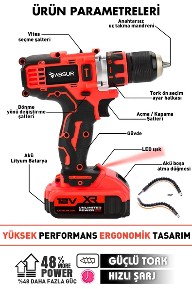 Assur Profesyonel 12V Çift Akülü Vidalama 84 Parça & 12 Köşe 360° Lazer Hizalama Set - 2
