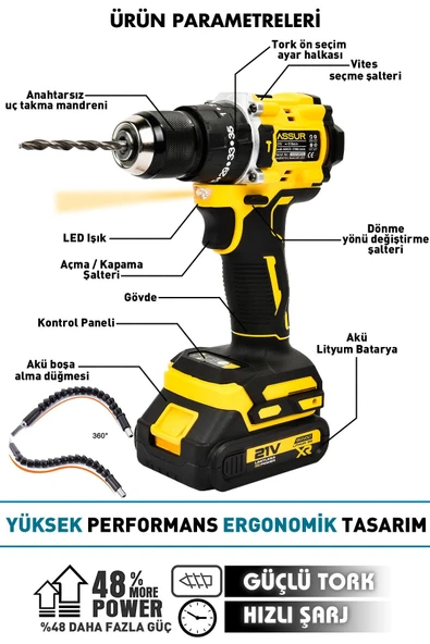 Assur 21V Çelik Mandren Kömürsüz Motor Darbeli Şarjlı Matkap Vidalama - 2