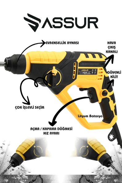 Assur 250W 2 Kademeli Bakır Sargılı Darbeli Kırıcı Delici Hilti - 3
