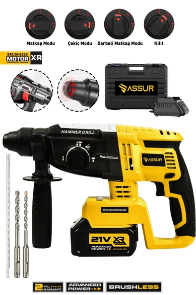 Assur 21V Kömürsüz Motor Darbeli Çift Akülü Şarjlı Kırıcı Delici Hilti 2-26mm