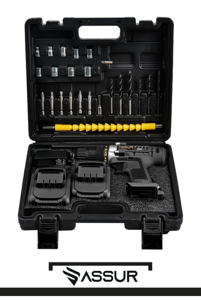 Assur 12V Çelik Şanzıman Bakır Sargılı Çift Akülü Şarjlı Matkap Vidalama - Resim 3