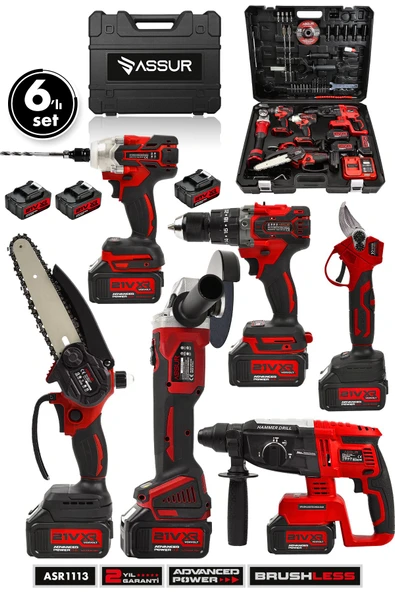 Assur Profesyonel 21V Matkap Hilti Taşlama Somun Sıkma Makas Testere 6'lı Set
