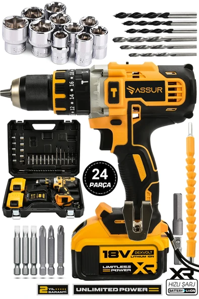 Assur Plus 18V Metal Şanzıman Çift Akülü Şarjlı Darbeli Matkap - 1