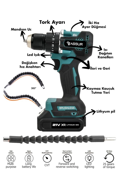Assur Plus 21V Şarjlı Matkap Bakır Sargı Kömürsüz Motor Çelik Mandren Darbeli Akülü Vidalama - 2