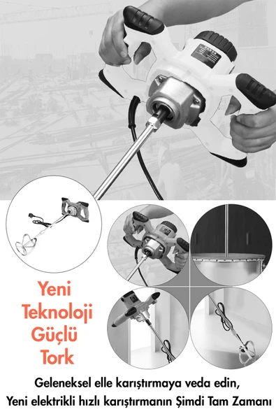 Assur Profesyonel 1800W Devir Ayarlı Elektrikli Alçı Boya Ve Harç Karıştırıcı Mikser - 4